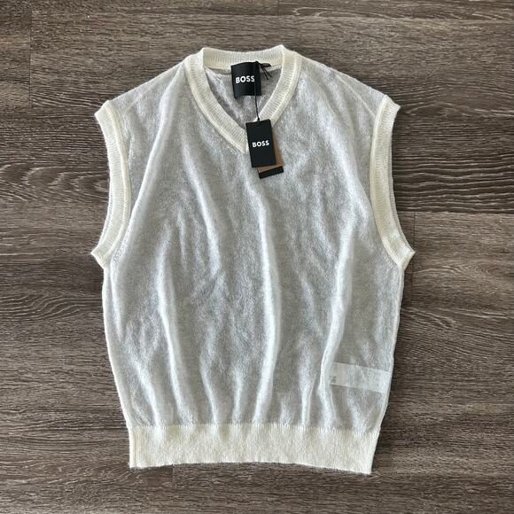 NWT BOSS Lucid White Mohair-Wool V-Neck Sweater Vest Size Medium Sheer Knit - Picture 2 of 16